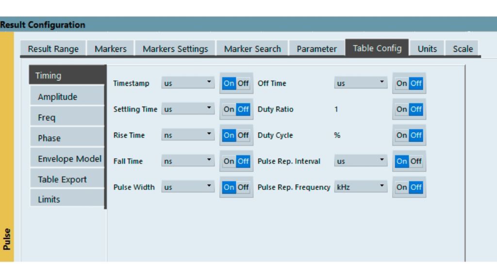 パルス結果テーブルをクリックして、"Table Config" タブで設定します。